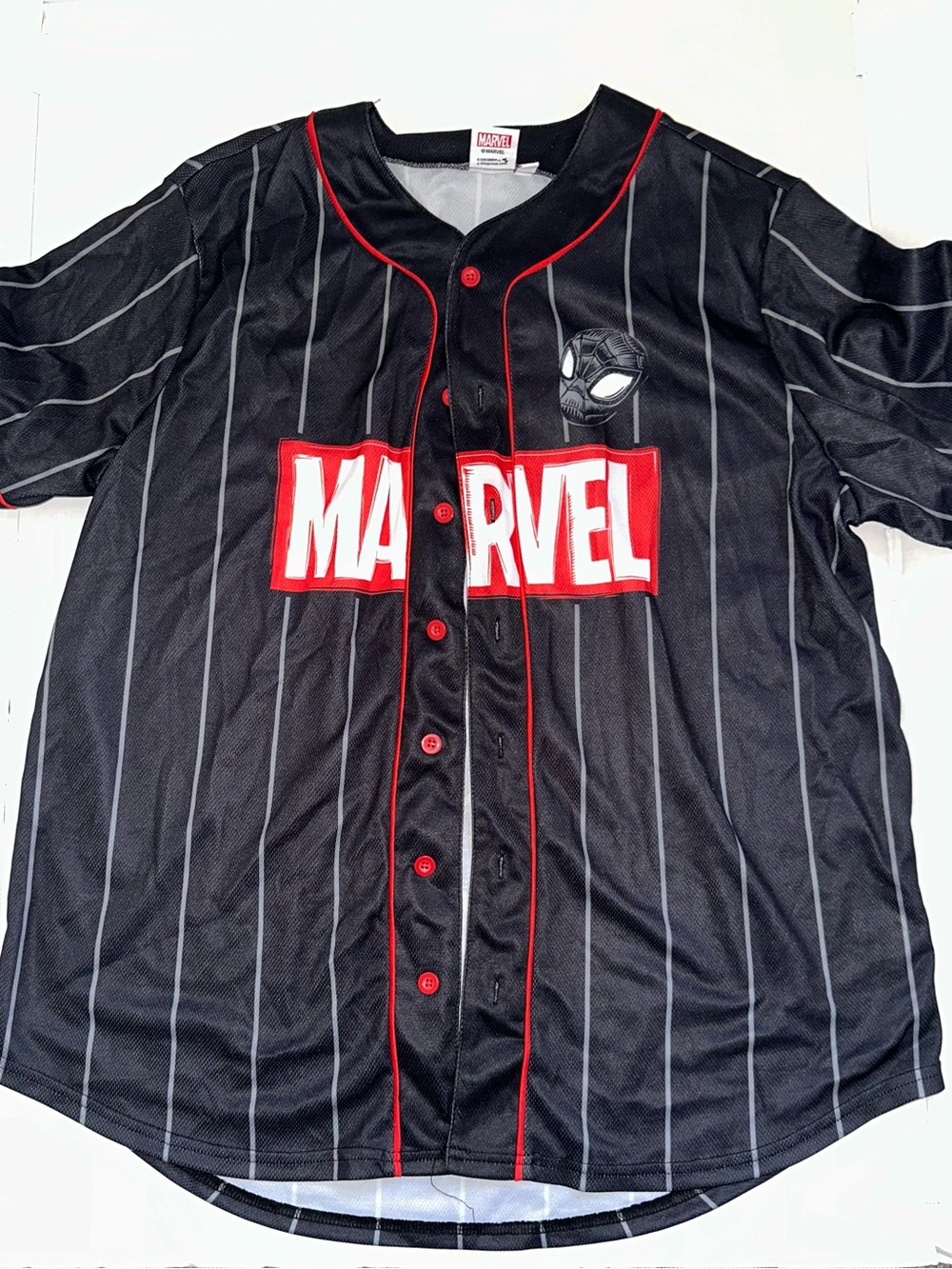 Marvel Black Pinstripe Baseball-Style Jersey with Red Trim